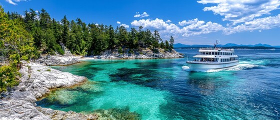 Passenger Ferry Approaching Secluded Cove in Turquoise Waters.