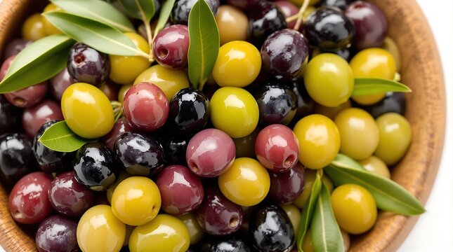 A wooden bowl filled with a variety of colorful olives and a few green leaves on a white surface - Powered by Adobe