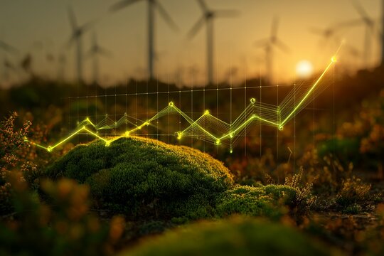 Growth chart overlaid on a natural landscape with windmills at sunset, concept for renewable energy reports, sustainable business reviews, and environmental impact assessments.