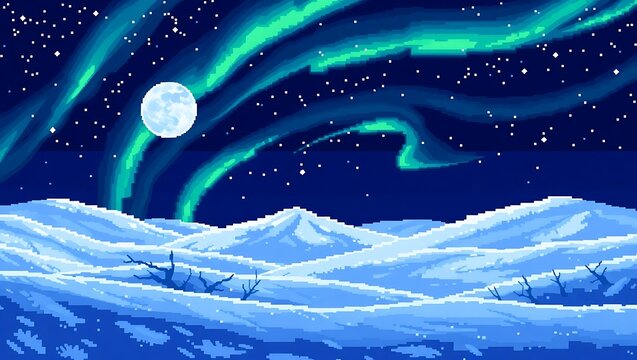 8-bit pixel scene of the moon and aurora borealis above snowy hills, glowing blue and green streaks, magical winter setting