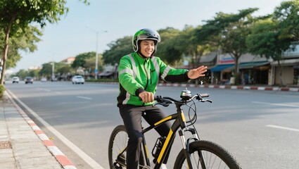 Fototapeta premium A Delivery Courier riding a bicycle on the urban road with an expression of greeting. He embodies efficiency and community service.