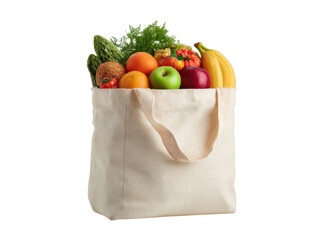Canvas tote bag overflowing with fresh colorful produce image, Isolated, Png Transparent Background