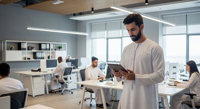 A businessman in traditional Middle Eastern attire uses a tablet in a modern, bright , surrounded by colleagues working at their desks.