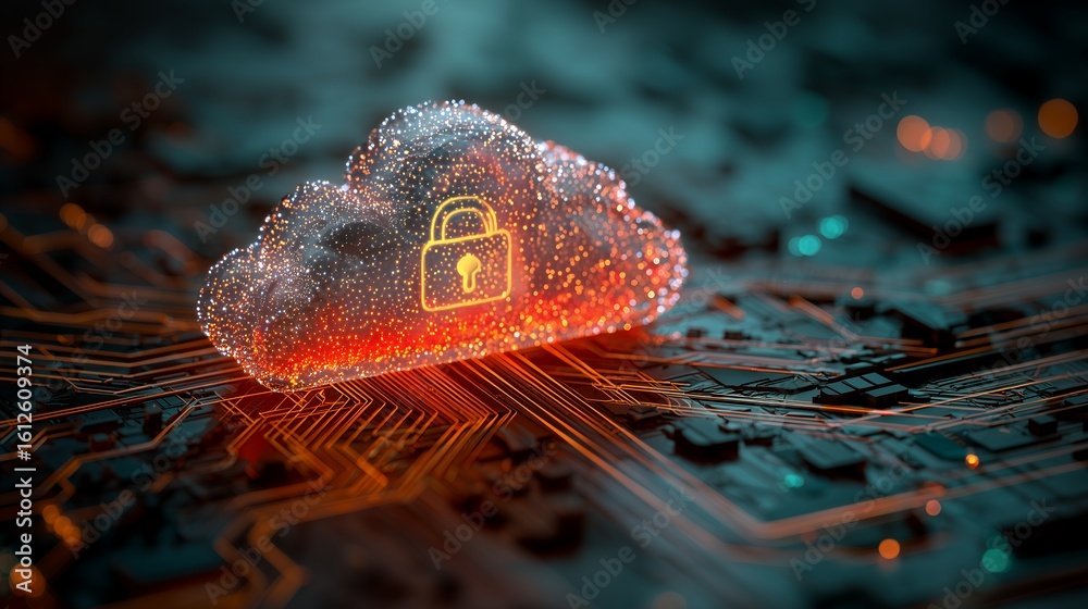 Fototapete cloud computing concept with a padlock icon, illuminated on a circuit board. concept for data encryp