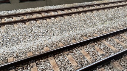 Railroad tracks stretching into the distance along a railway line with steel rails and perspective view