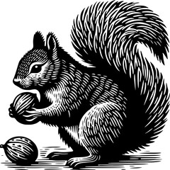 Squirrel holding nuts, b/w illustration. EPS file.