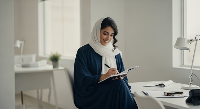 A woman in a hijab sits at a desk in a bright room, thoughtfully writing in a notebook. - Powered by Adobe