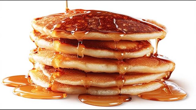A stack of fluffy pancakes with golden syrup dripping down the sides on a white background.
