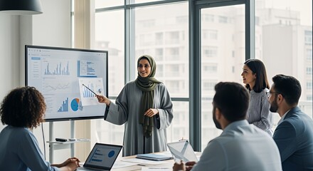 A female business leader confidently presents financial data to a diverse team during a productive meeting.