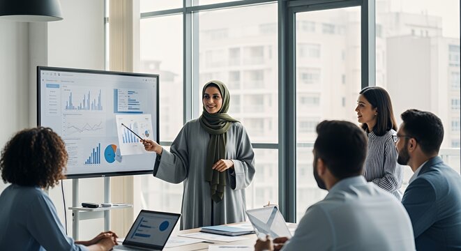 A female business leader confidently presents financial data to a diverse team during a productive meeting.