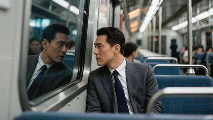 A contemplative businessperson gazes thoughtfully out a train window, reflecting on his journey and the world beyond, captured in a moment of quiet introspection.