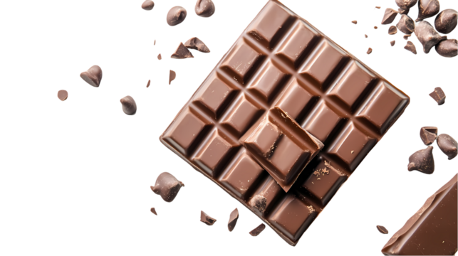 A close up of a chocolate bar with pieces broken isolated on white background
