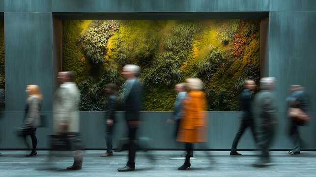 Blurred view of diverse professionals passing a vibrant green wall in a modern office setting, concept for environmental corporate design, sustainable office space and biophilic design inspiration