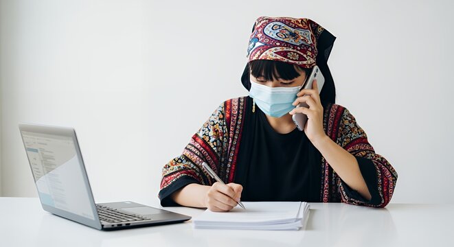 A woman in traditional headwear works from home, using a laptop and phone while wearing a face mask.