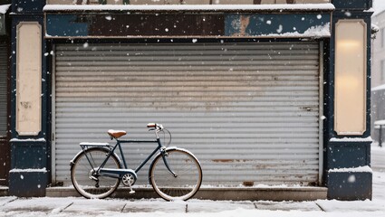 An antique bicycle rests against the shuttered storefront in a winter scene, a melancholic echo of the past.