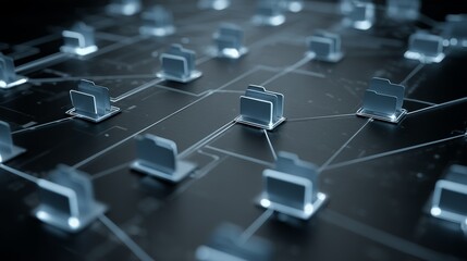 Digital data storage with illuminated file folders and network connections on dark backdrop, concept for cloud computing infrastructure, data management and digital security.