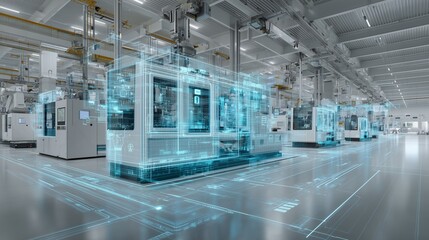 Automated machinery inside a factory with digital interface, concept for smart manufacturing, industry innovation and futuristic production process visualization.