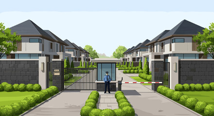 Secure gated community entrance with security guard, modern homes, manicured landscaping, and controlled access.