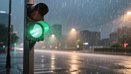 An urban scene, featuring a prominent traffic light glowing green amidst a heavy downpour, with blurred city lights and a wet street reflecting the light.