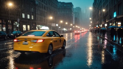 A yellow taxi navigates a rain-slicked city street, its presence adding a vibrant note to the urban scene, framed by high-rise buildings and the soft glow of streetlights.