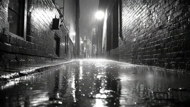 Rainy night in a dark alleyway. Black and white video with wet cobblestone street reflecting light. Dramatic low angle.