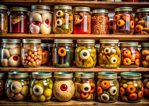A spooky collection of glass jars filled with preserved eyeballs and other creepy halloween treats on wooden shelves