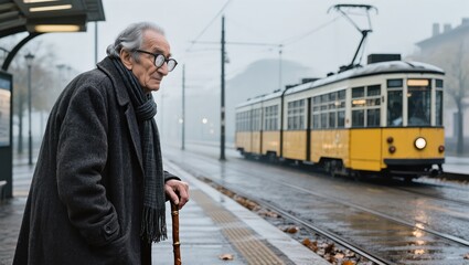 An Elderly gentleman in spectacles standing near a public transit with a cane, is waiting for a train, with tram and urban landscape.