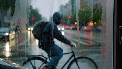 A cyclist braves the rainy city streets, captured from behind a rain-streaked window, conveying resilience and urban mobility in a moment.