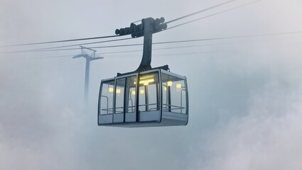 A gondola traverses through the clouds, offering a breathtaking view of the surrounding landscape. the epitome of a transport and adventure experience, the image captures the essence of travel.