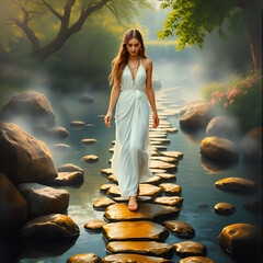 Ash blond walks peacefully through her backyard paradise along the stone pathway through shallow waters. JPEG, 4.3MB, 121x12in, 3600x3600px, 300p/i