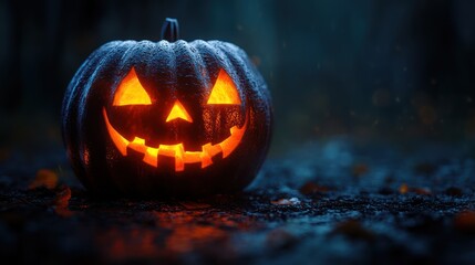 Naklejka premium Glowing Jack-o'-lantern in a spooky forest. Halloween night scene. Possible stock photo use