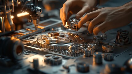 Hands assembling metallic gears, futuristic workshop scene, technical background, product design concept, use in engineering or technology advertising, educational or science-related content