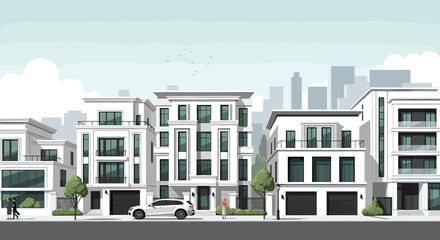Modern white townhouses line a clean city street with people walking and a car parked outside, showcasing upscale urban living.