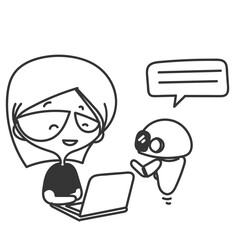 cute girl with laptop talking to robot in doodle  cartoon sketch