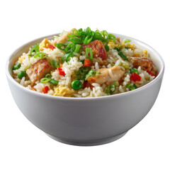 Delicious chicken fried rice with vegetables and scallions isolated on transparent background