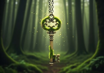 Magical ornate key hanging in a sunlit enchanted forest