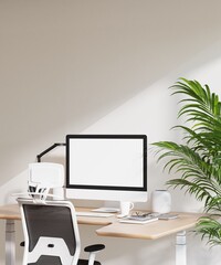 Poster Frame Mockup with Computer Screen in Modern Minimalist Home Office Interior
