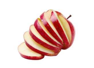 Red apple sliced into spiral segments against black white yellow, Isolated, Png Transparent Background