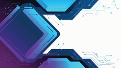 Modern abstract blue and purple background with sharp geometric tech shapes along the edges and white space.