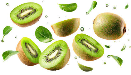 Fresh Floating Kiwi Fruits with Water Droplets and Leaves Isolated on transparent Background