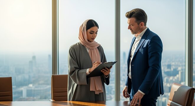 A businesswoman in a hijab and a businessman discuss documents in a modern overlooking a cityscape.