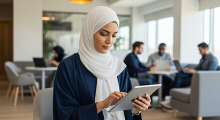 A Muslim woman in a hijab uses a tablet computer while working in a modern, busy .