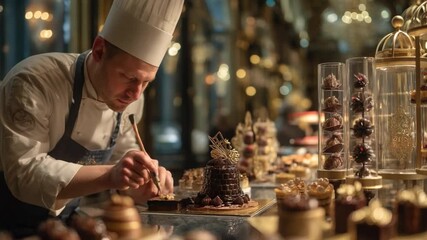 Culinary Artist Crafting Desserts: A skilled chef meticulously crafts an exquisite chocolate dessert, showcasing culinary artistry in a commercial kitchen setting.