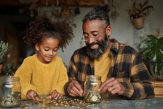 Father teaching his daughter about savings and finances, putting coins in a jar - Powered by Adobe