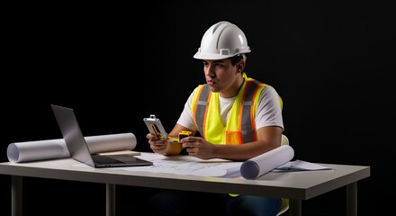 A construction worker meticulously reviews blueprints on his laptop, carefully examining details and using measuring tools.