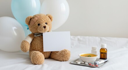 Teddy Bear with Balloons, Gift Card, and Healing Tray – Cheerful Get Well Soon Concept for Kids