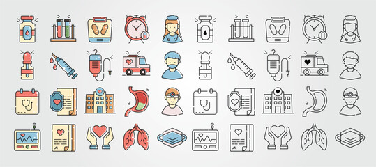 set of Medical various icons of staff organs devices and symbols for all medical needs.