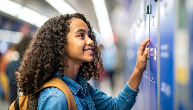 A smiling girl uses a locker with a keypad - Powered by Adobe