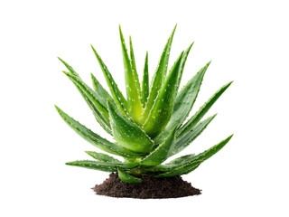 Fototapeta premium Vibrant green aloe plant with sharp pointed leaves growing from rich soil spiky, Isolated, Png Transparent Background