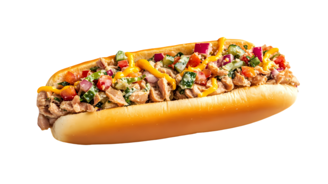 A long sandwich filled with shredded meat lettuce tomato and pickles view isolated on white background